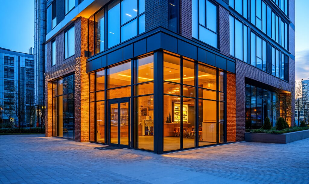 Modern building with glass facade and storefront illuminated at dusk.
